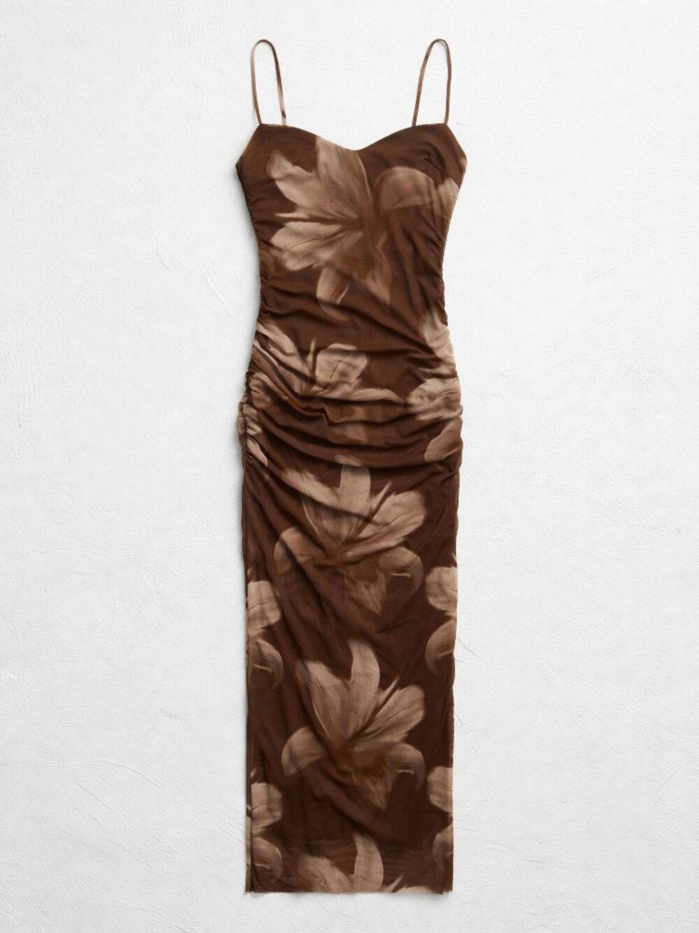 Zara Brown Mesh Ruched Midi Slip Dress XS Spaghetti Strap Bodycon Party